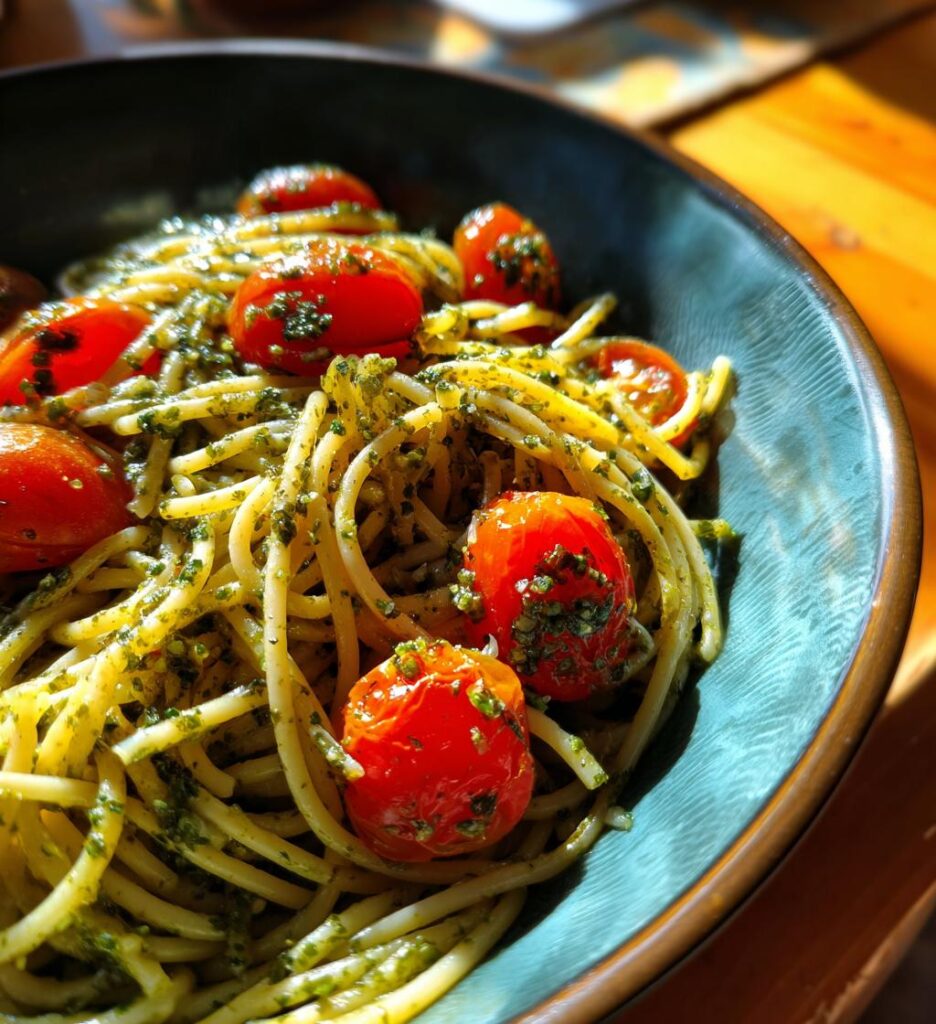 pesto pasta with cherry tomatoes