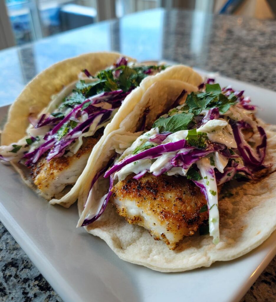 crispy air fryer fish tacos with creamy slaw
